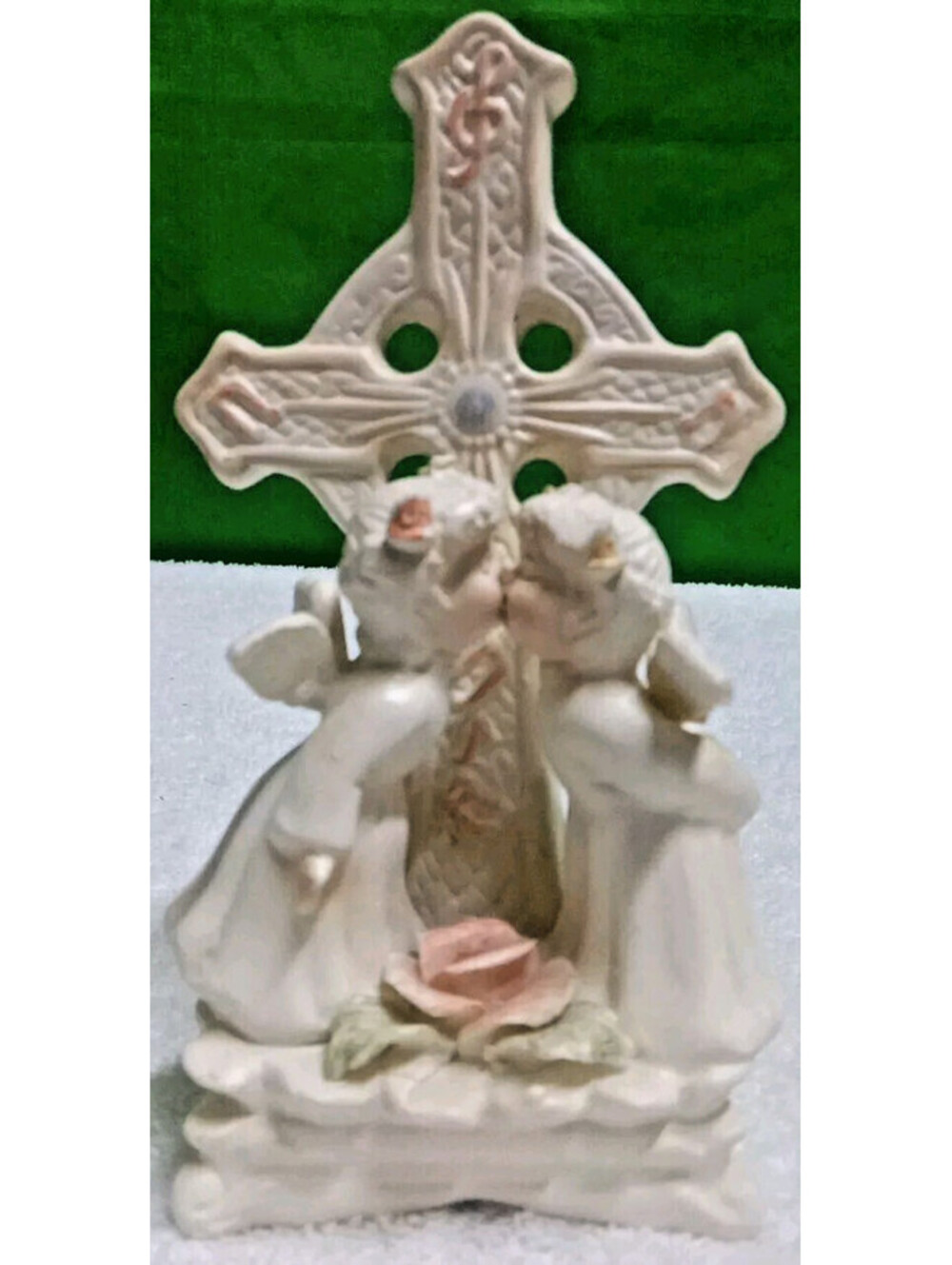 Vintage Porcelain Cross with 2 Kissing Angels Figurine Wedding Gift or Decor